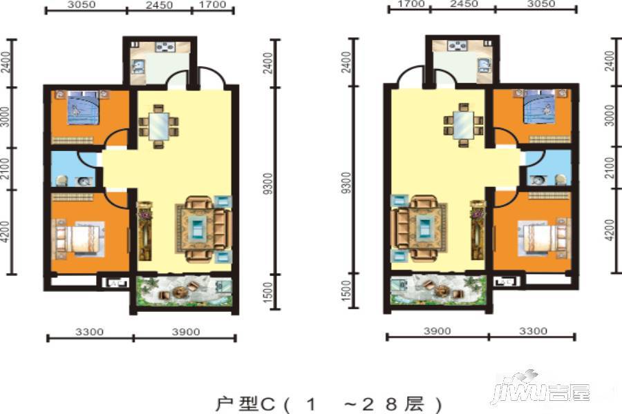 福润茗居2室2厅1卫105㎡户型图