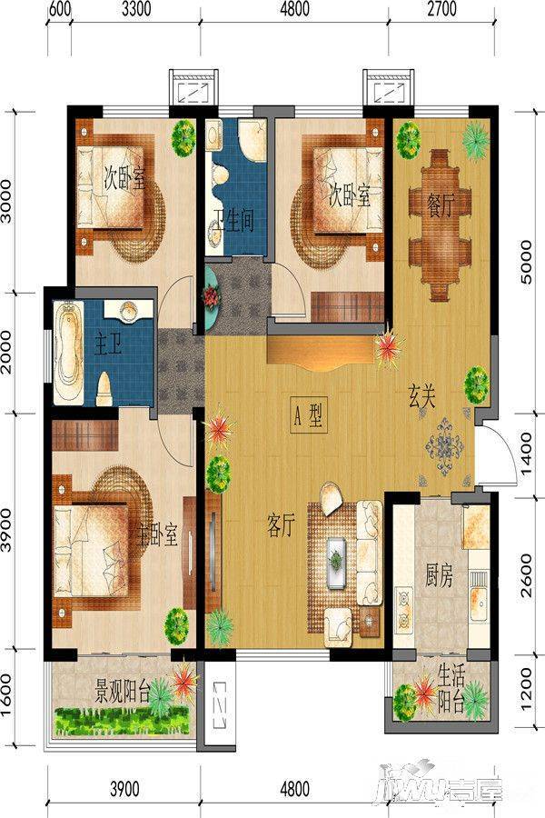 紫韵东城3室2厅1卫133㎡户型图