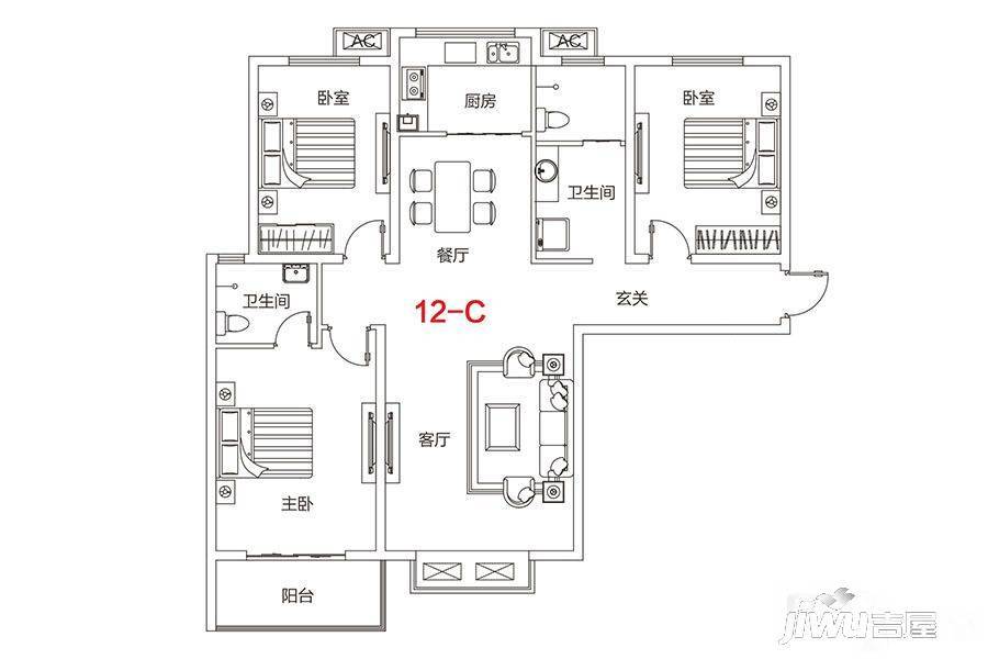 宜必思酒店式公寓3室2厅2卫130㎡户型图