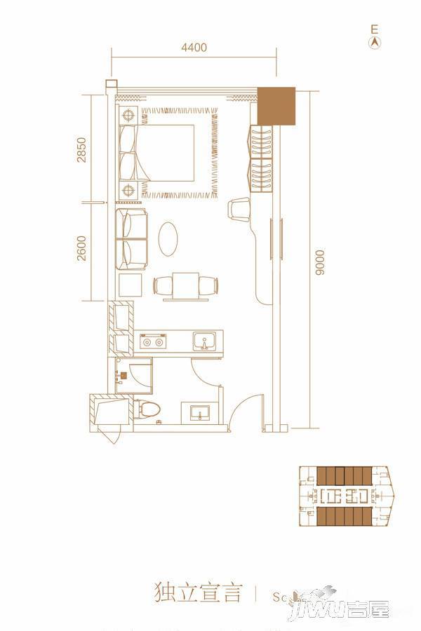 港湘铂玥1室1厅1卫53.1㎡户型图