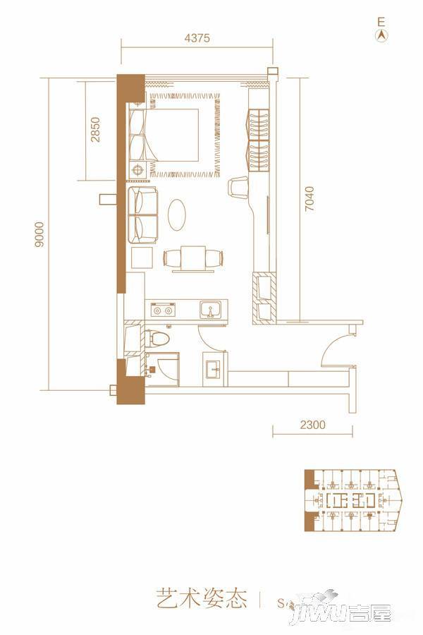 港湘铂玥1室1厅1卫59.5㎡户型图