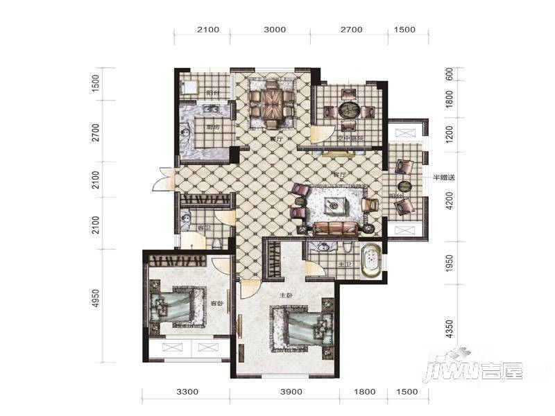 兴旺正佳广场3室2厅2卫130㎡户型图