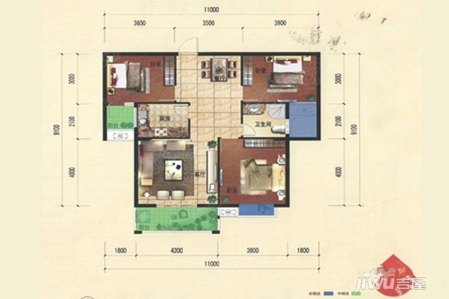 中博富贵世家3室2厅1卫110.6㎡户型图