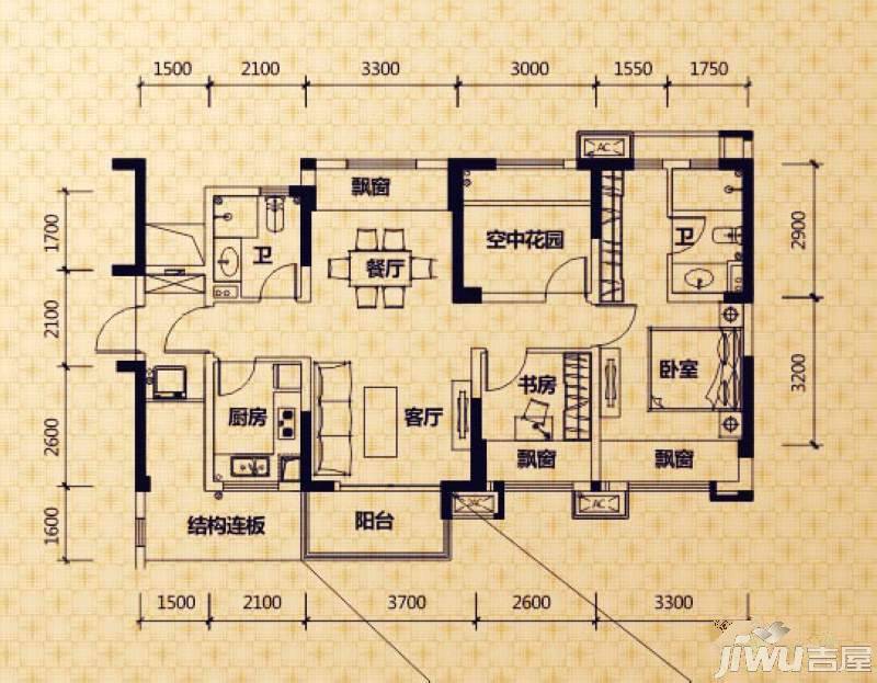 万科金域华府3室2厅2卫92㎡户型图