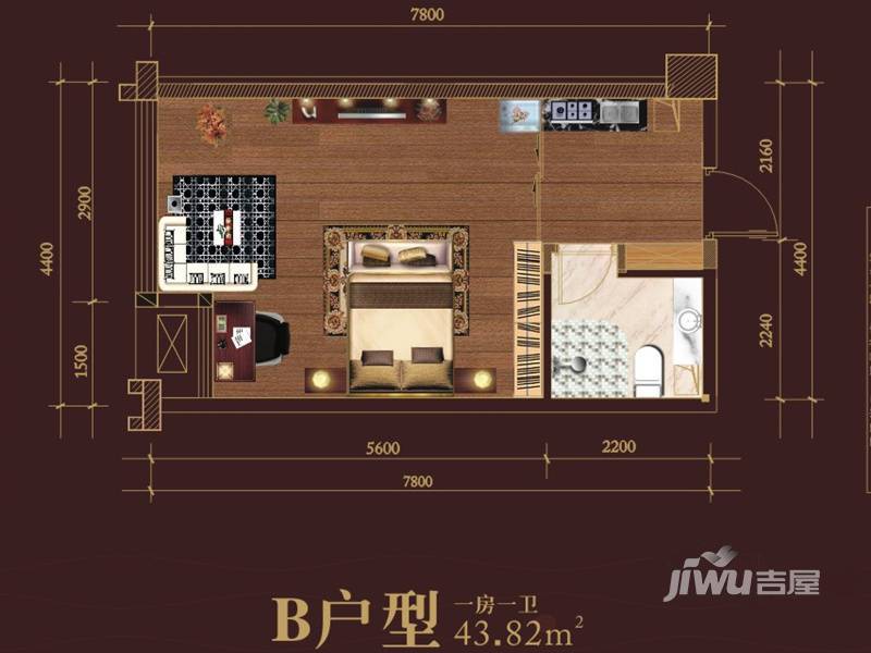 长沙江与城1室0厅1卫43.8㎡户型图