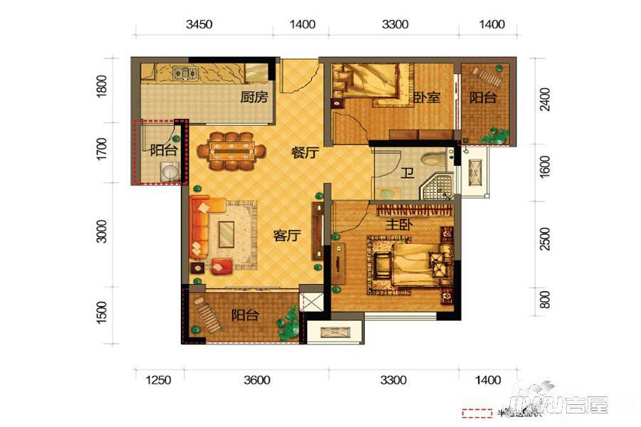 梅溪鑫苑名家2室2厅1卫72㎡户型图