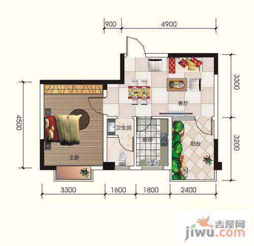 可可小城1室2厅1卫57.1㎡户型图