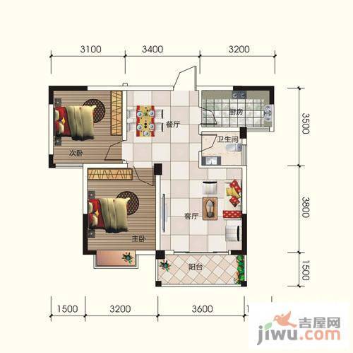 可可小城2室2厅1卫90.9㎡户型图