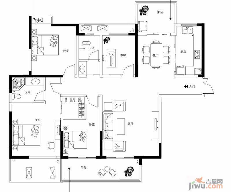 长房时代城4室2厅2卫157.9㎡户型图