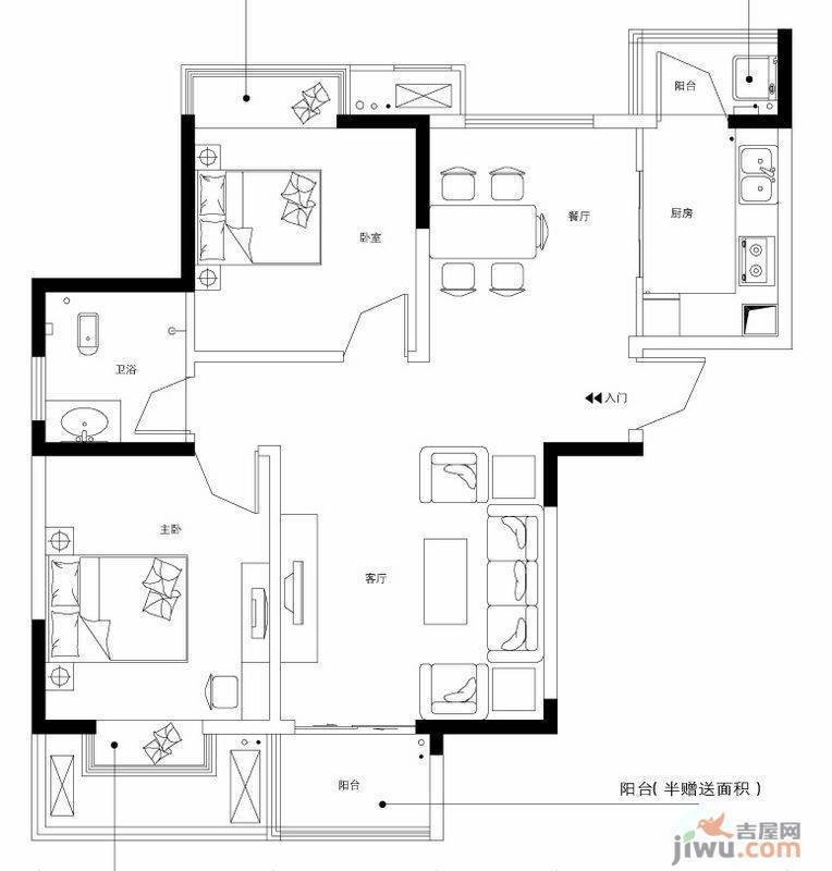 长房时代城2室2厅1卫90㎡户型图