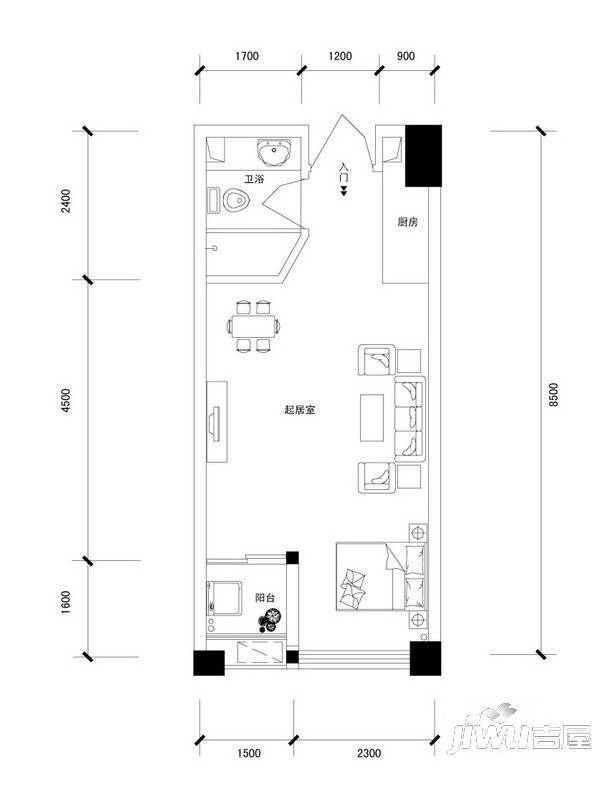 长房时代城1室1厅1卫46.7㎡户型图