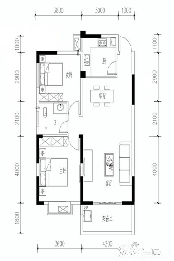 麓景裕园2室2厅1卫90.3㎡户型图