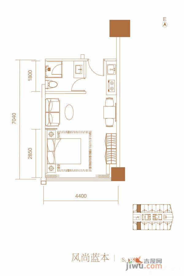 港湘铂玥1室1厅1卫42.3㎡户型图