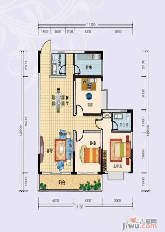 瑞凯景城苑3室2厅2卫127.1㎡户型图