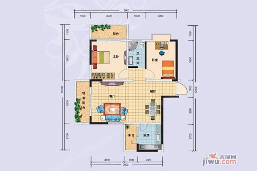 瑞凯景城苑2室1厅1卫98㎡户型图