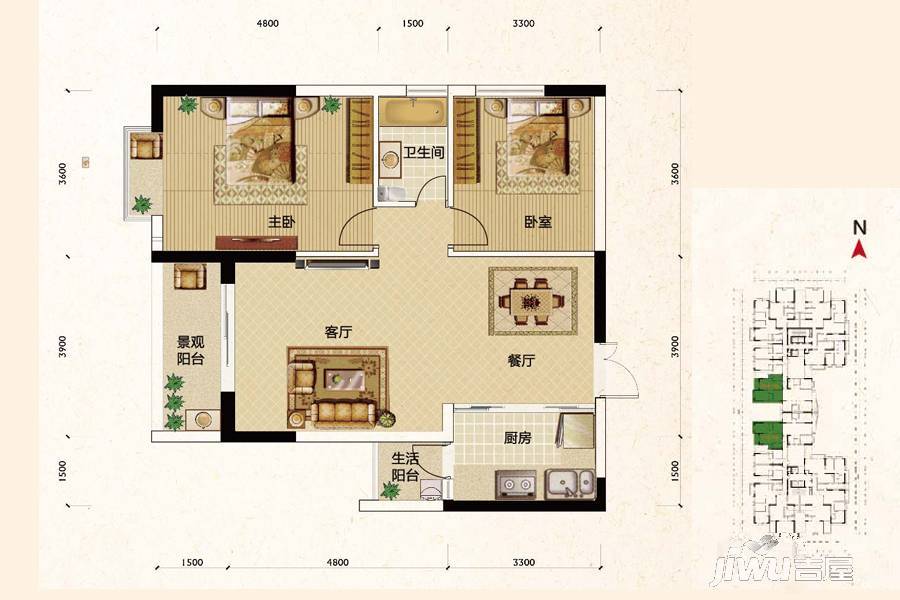 财富港湾2室2厅1卫92.4㎡户型图