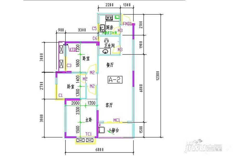 楠熙筱苑3室2厅1卫74㎡户型图