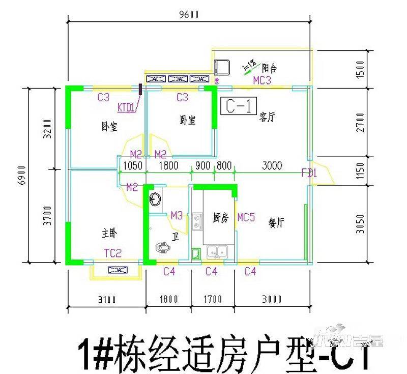 楠熙筱苑3室2厅1卫95㎡户型图