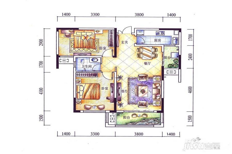 空港国际星城2室2厅2卫88㎡户型图