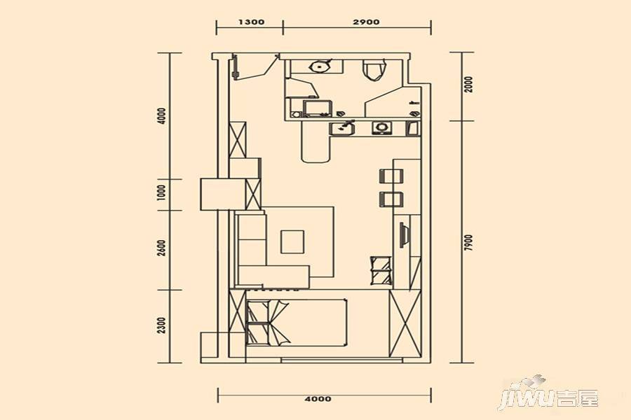 昊天1室1厅1卫52.1㎡户型图