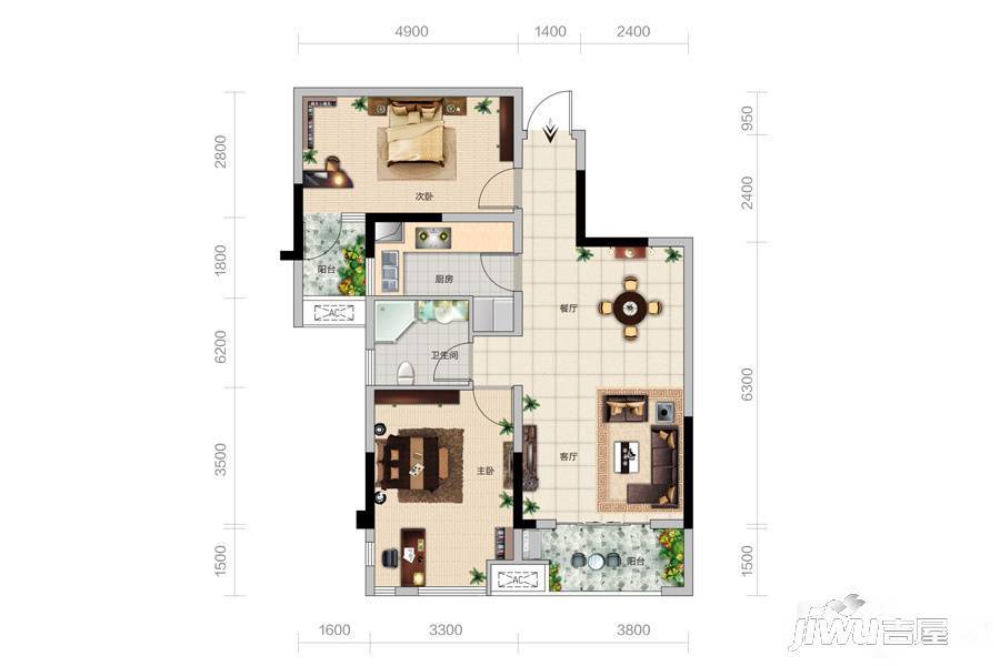 阳光100凤凰街2室2厅1卫85.7㎡户型图