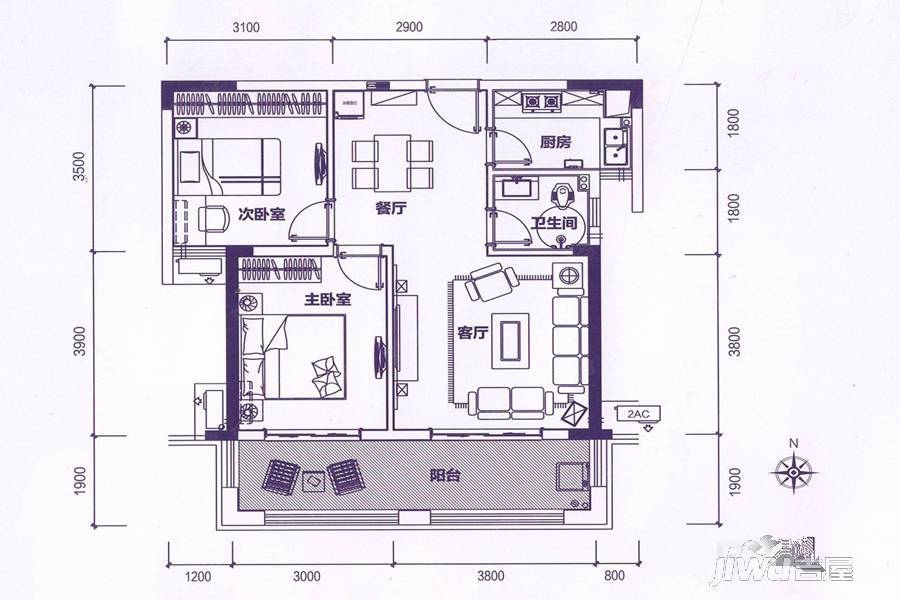 五江天街天寓2室2厅1卫86.7㎡户型图