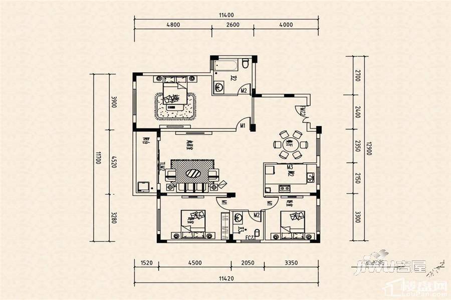 鸿涛翡翠湾3室2厅2卫141.2㎡户型图