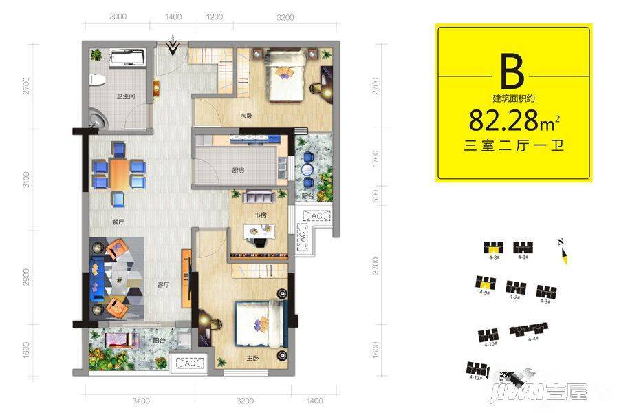 阳光100凤凰街3室2厅1卫82.3㎡户型图