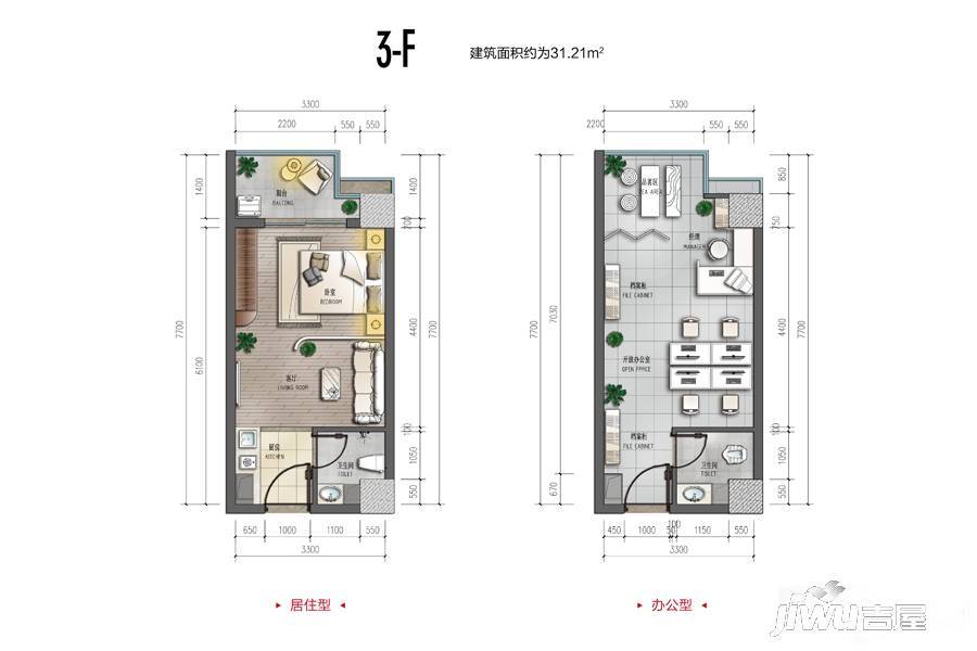 裕天国际商汇中心1室1厅1卫31.2㎡户型图