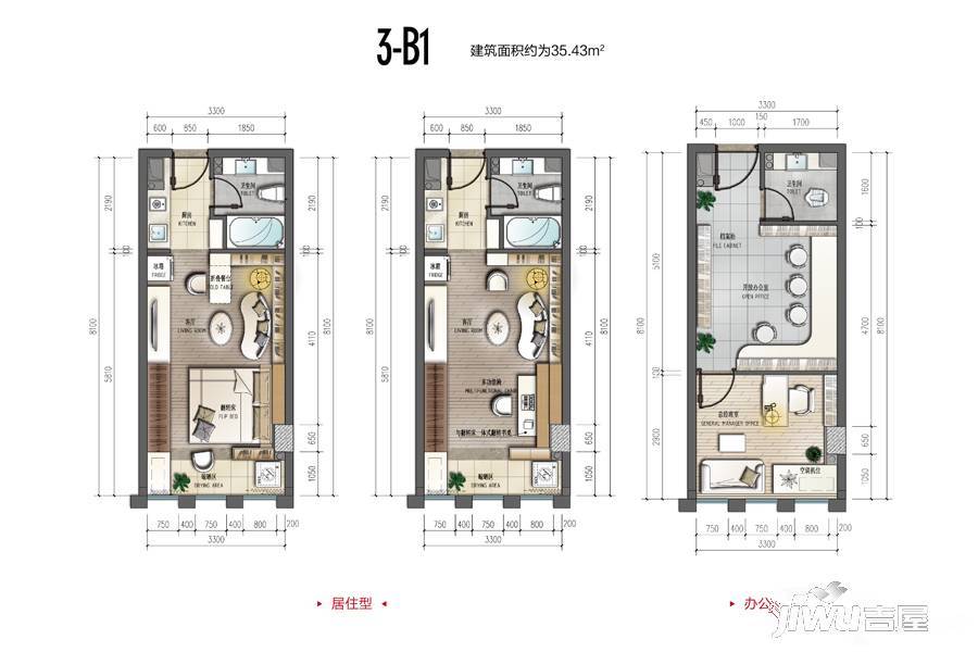 裕天国际商汇中心1室1厅1卫35.4㎡户型图