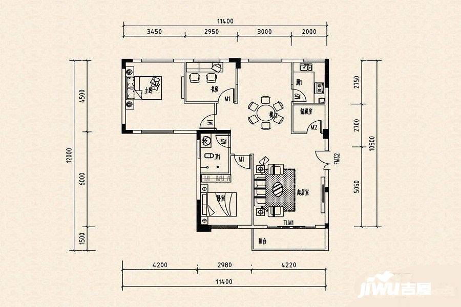 鸿涛翡翠湾3室2厅1卫111.8㎡户型图