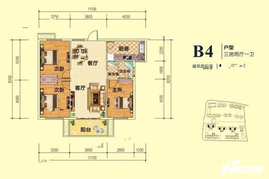 融信澜悦3室2厅1卫105.4㎡户型图