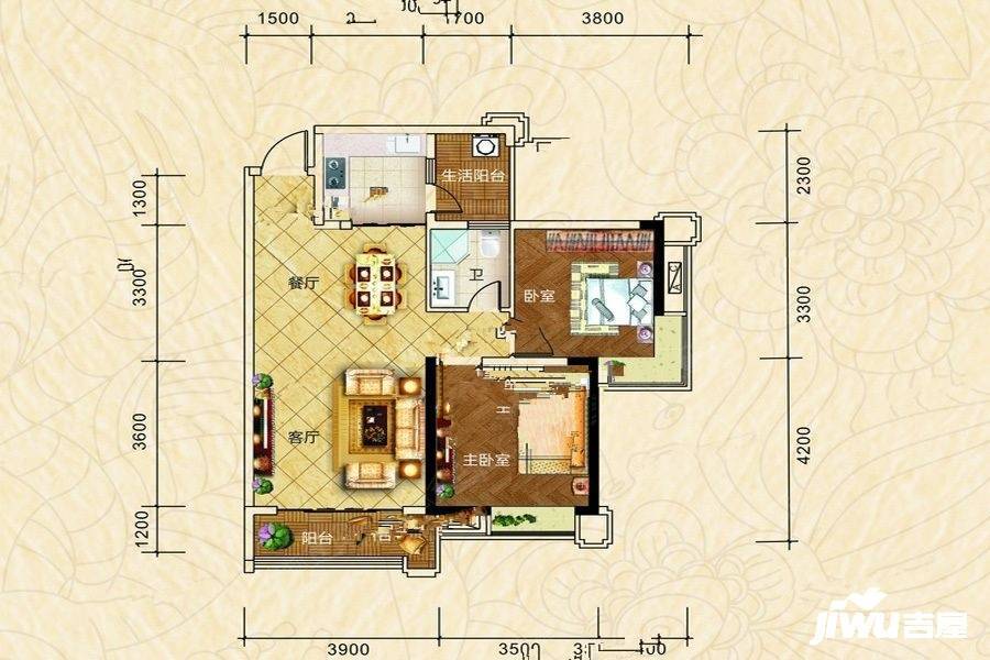 金地亚2室2厅1卫84㎡户型图