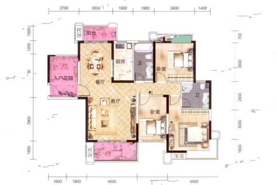 金地亚3室2厅2卫128㎡户型图