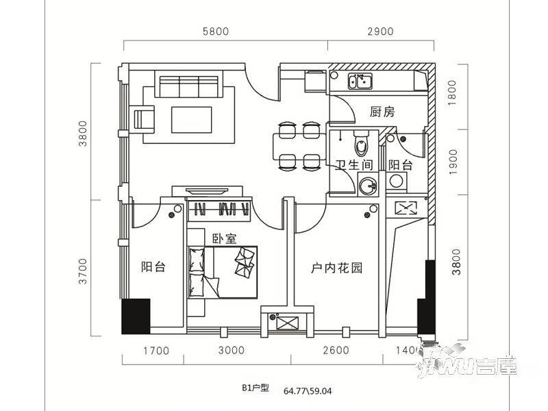 天祺佰潮汇1室1厅1卫64.8㎡户型图