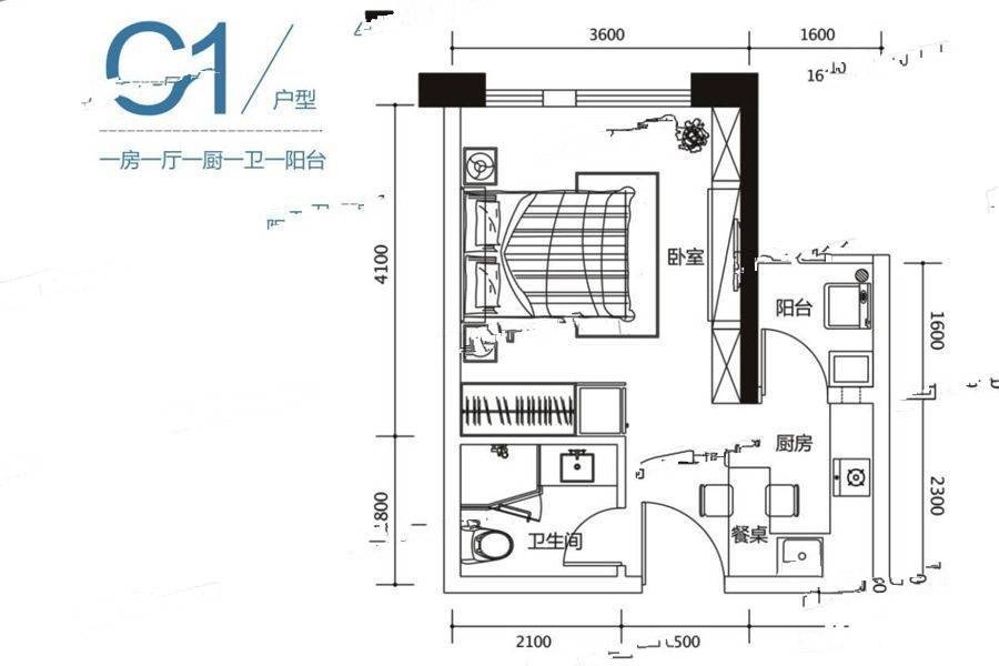 里约荟1室1厅1卫37㎡户型图