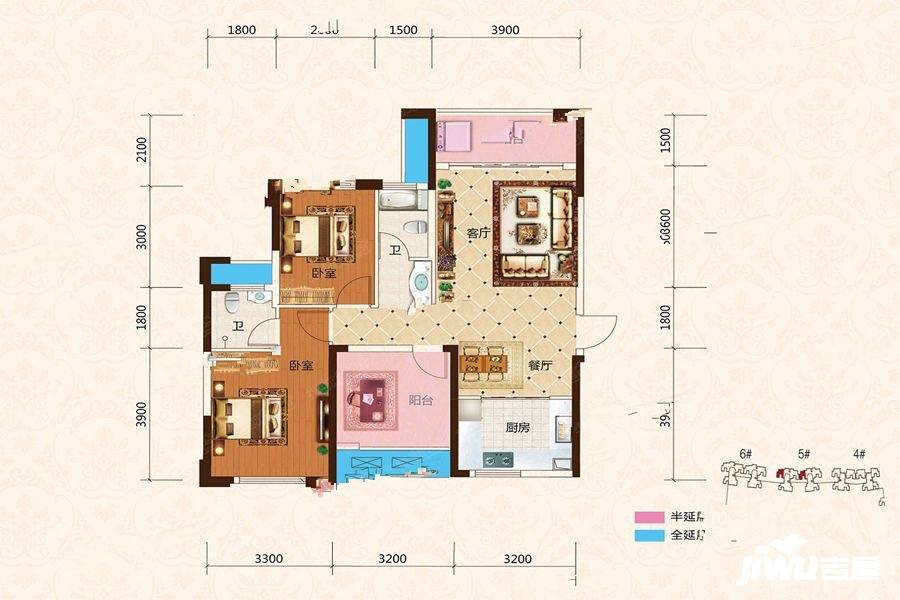 乾源国际广场2室2厅2卫94㎡户型图