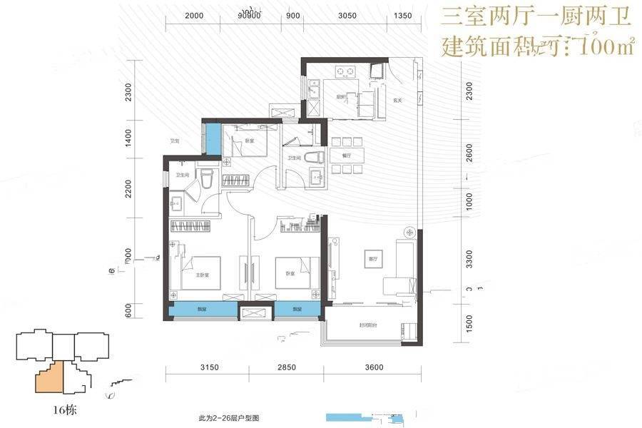 时代年华3室2厅2卫100㎡户型图