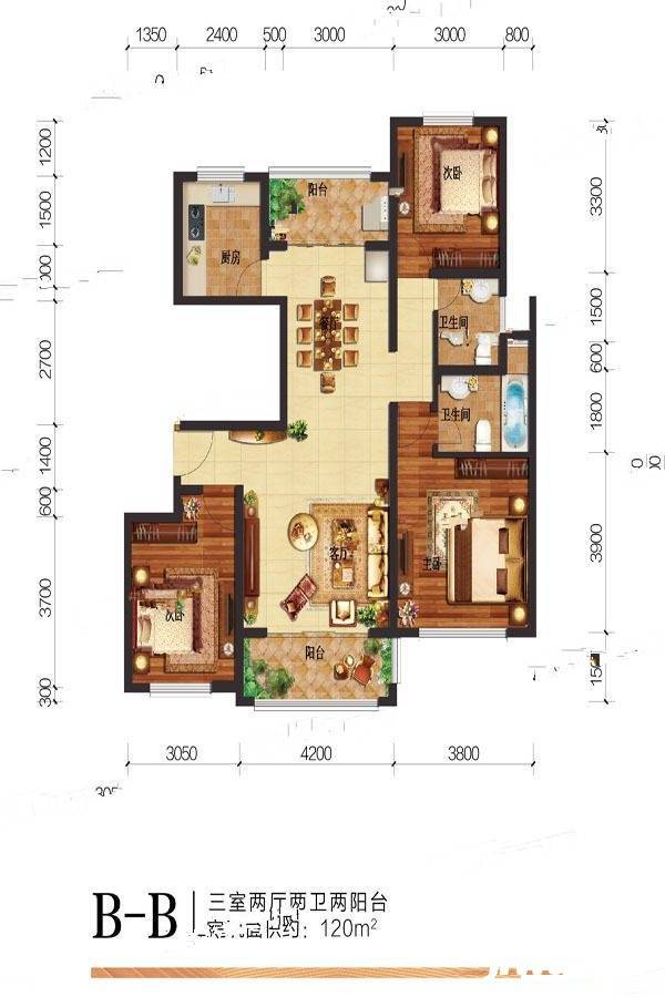 凤仪庄园3室2厅2卫120㎡户型图