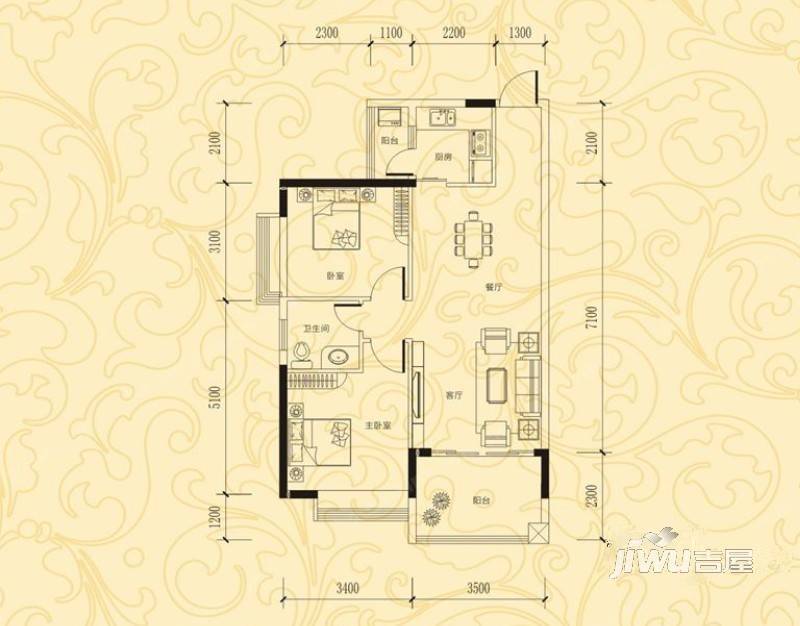 中瀚聚龙广场2室2厅1卫83㎡户型图