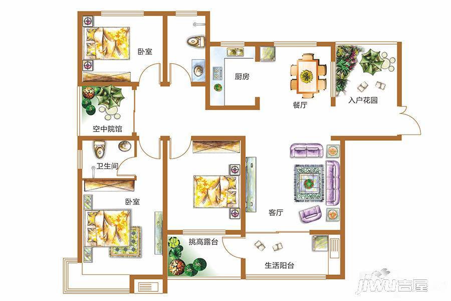 锦江城市花园二期3室2厅2卫142.4㎡户型图