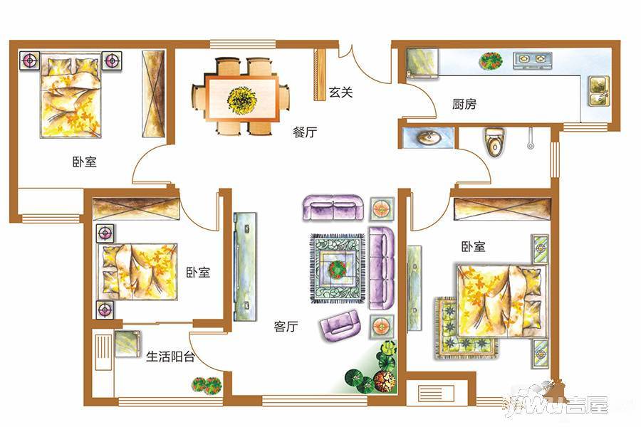 锦江城市花园二期3室2厅1卫119.3㎡户型图