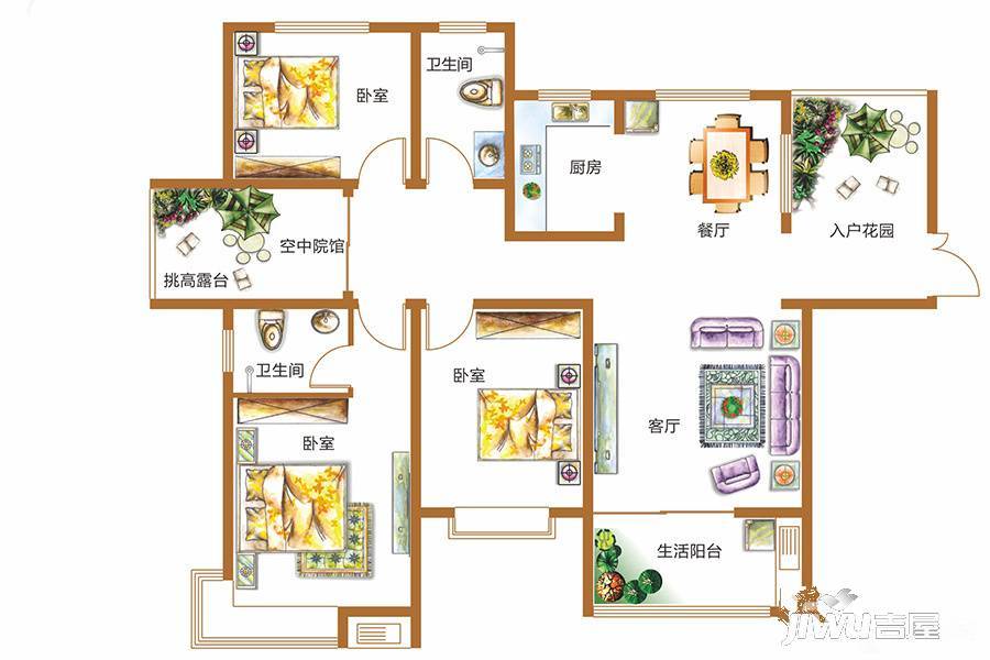 锦江城市花园二期3室2厅2卫142.4㎡户型图