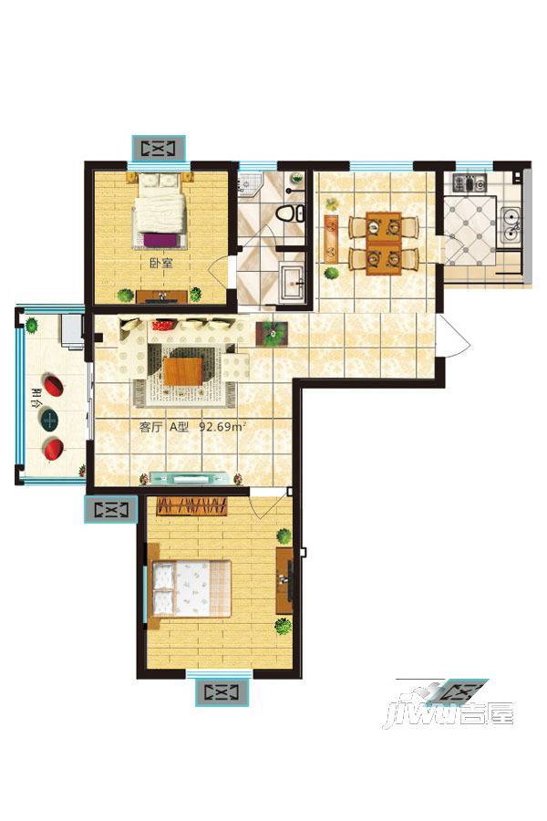 宏福园2室2厅1卫92.7㎡户型图