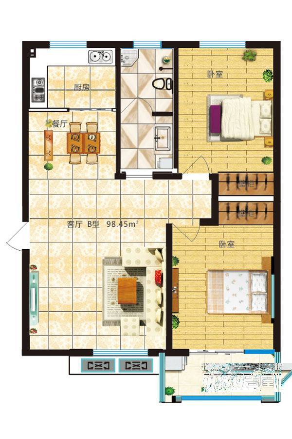 宏福园2室2厅1卫98.5㎡户型图