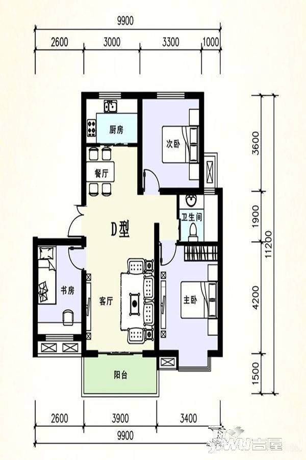 三一亚龙湾3室2厅1卫90㎡户型图