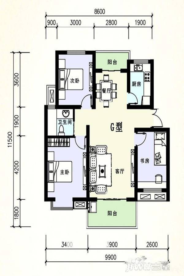 三一亚龙湾3室2厅1卫96㎡户型图