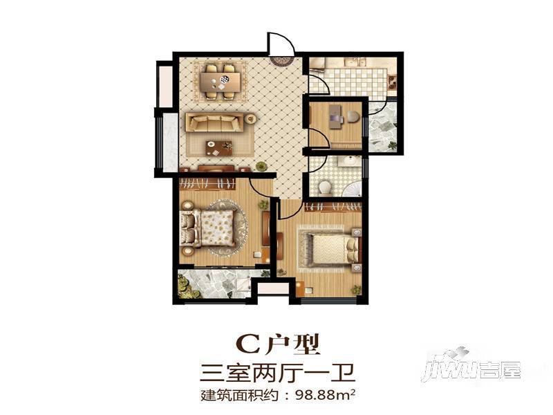 金城 幸福里3室2厅1卫98.9㎡户型图