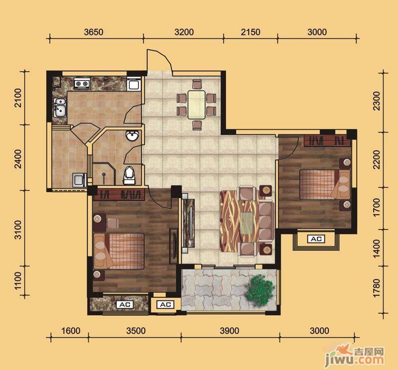 汇豪天下2室2厅1卫91.6㎡户型图