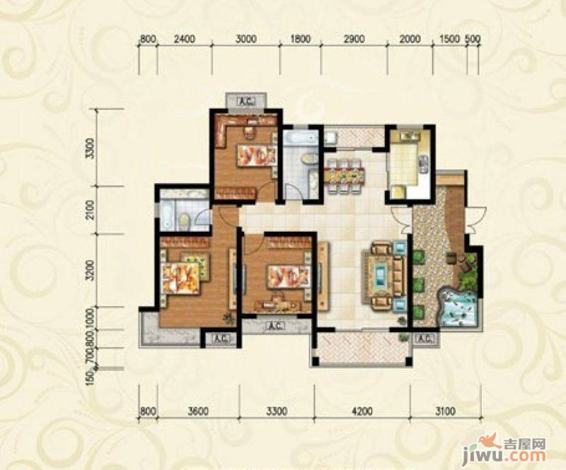 天瑞凤鸣花园3室2厅2卫138㎡户型图